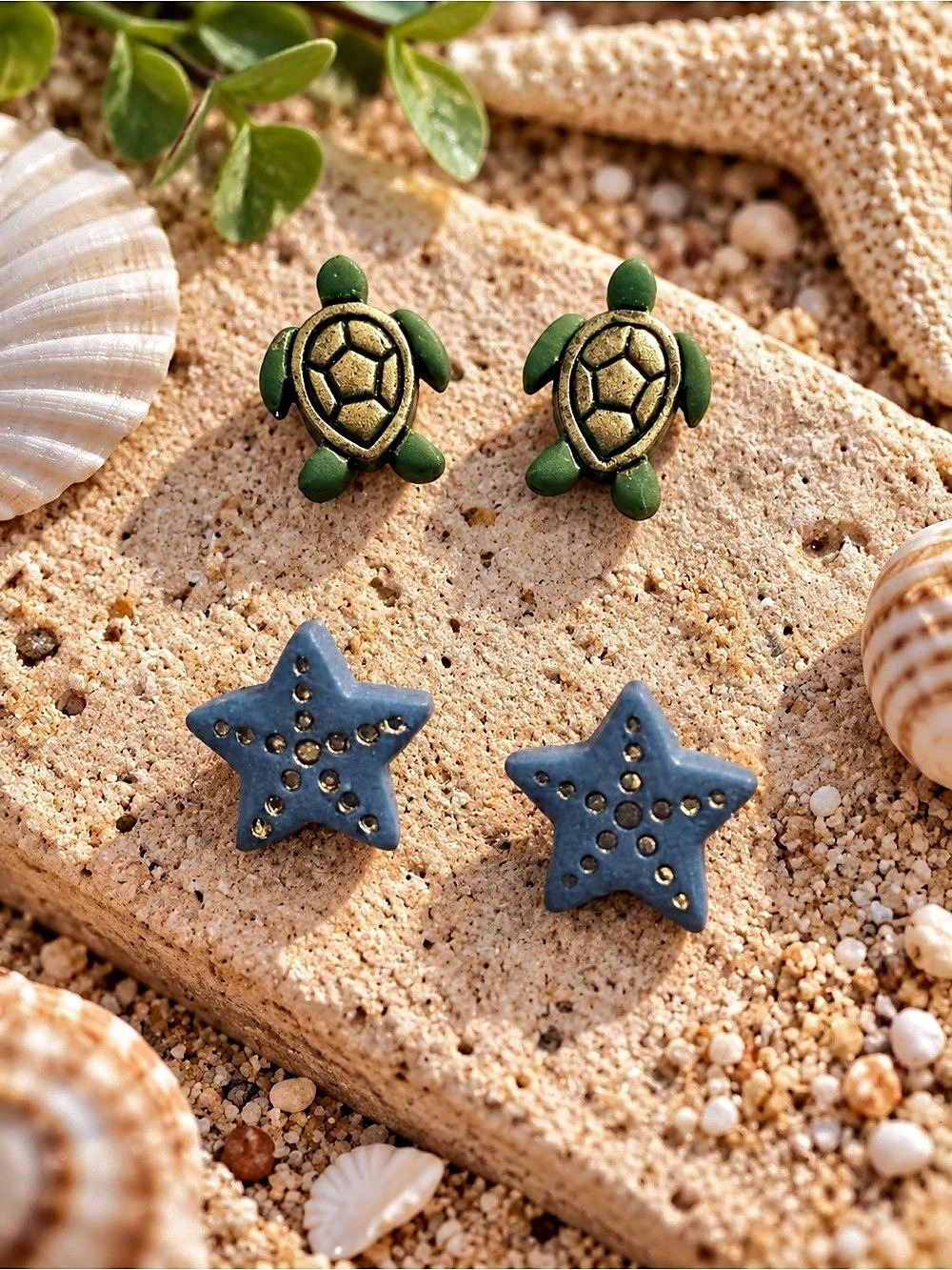 Turtle & Starfish Earrings Green & Blue